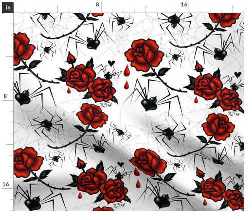 Halloween and Goth Fabric featuring Black widow Spiders with Red Roses
A mysterious black widow delicately holds a red rose with scarlet

 drops of rose blood.
Original Art by Miss Fluff. goth
gothic
halloween
spiders
black widow
horror art
dark art
halloween art
goth fabric, halloween fabric.