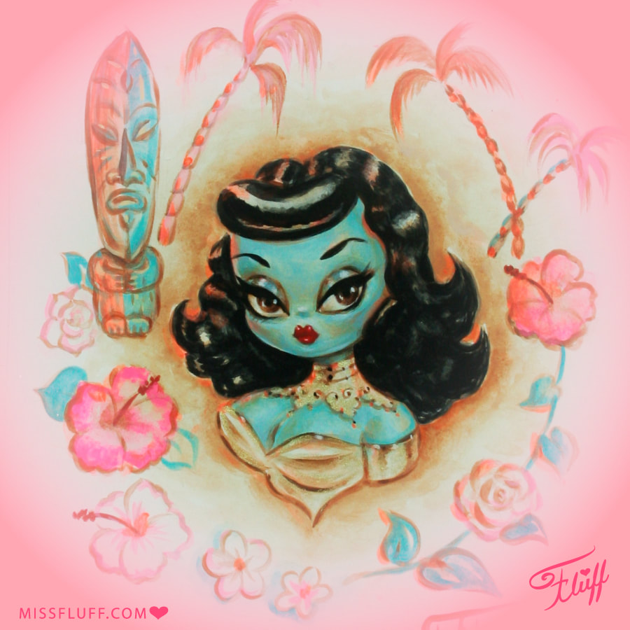 vintage tiki exotica style blue lady inspired by Tratchikoff original art by Miss Fluff.