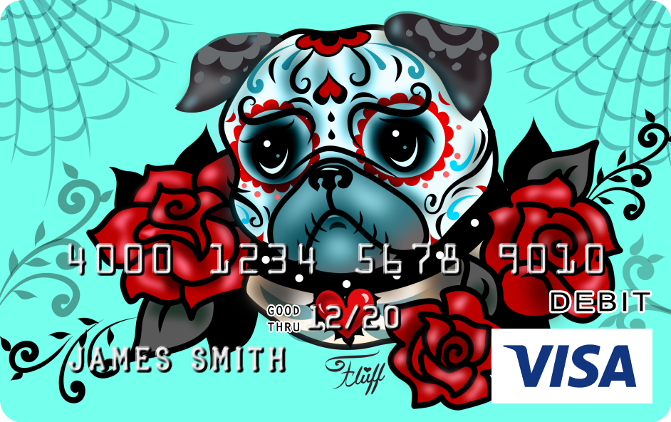 Day of the Dead, Dia de Los Muertos Sugar Skull Pug. Art by Miss Fluff! Available on Visa Debit Cards!
