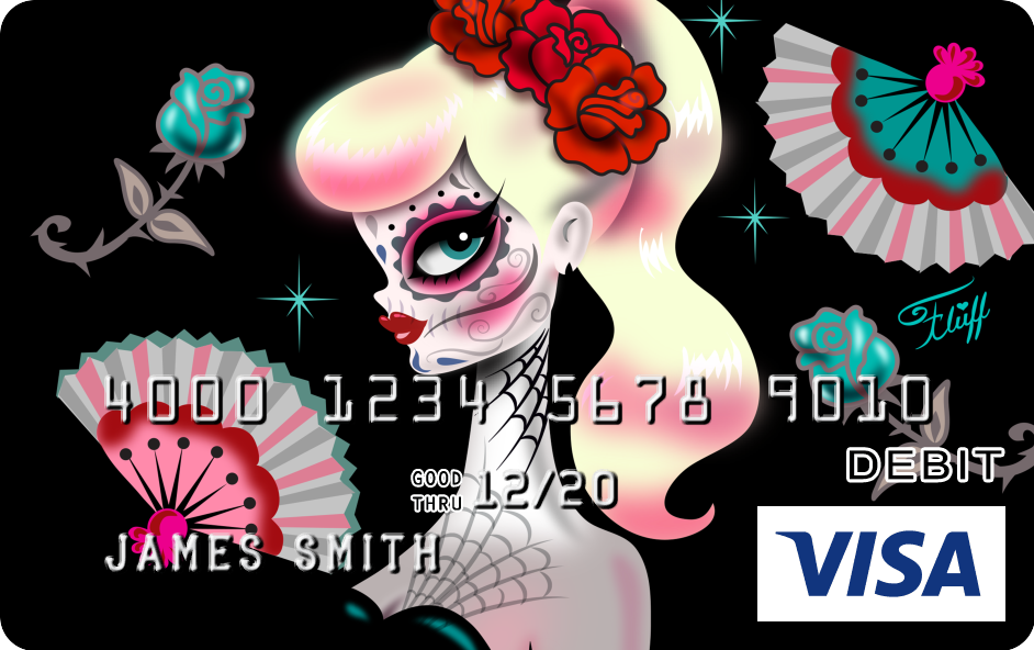 Day of the Dead, Dia de Los Muertos Sugar Skull Art by Miss Fluff! Inspired by retro rockabilly style and pinup art. Available on Visa Debit Cards!