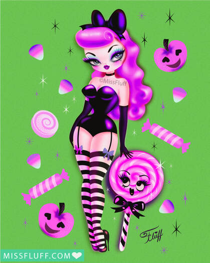 Cute Halloween pinup doll Art Prints  by Miss Fluff
