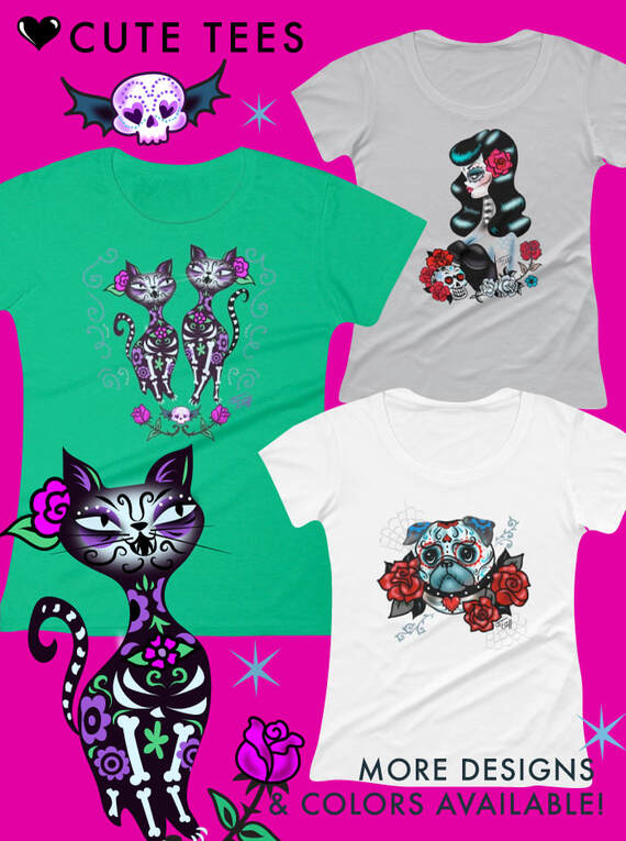 Day of the dead, dia de los muertos tee shirts by Miss Fluff.