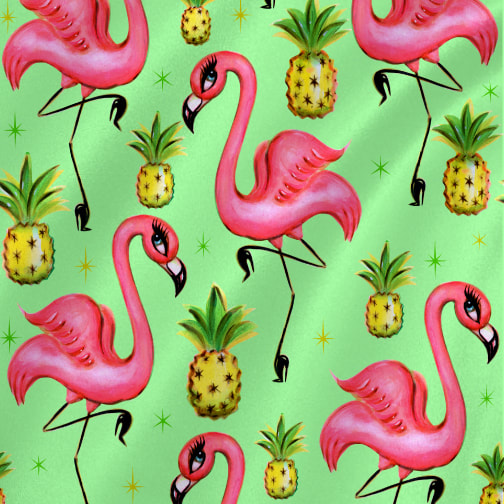 vintage inspired flamingos and pineapples, fabric by the yard!