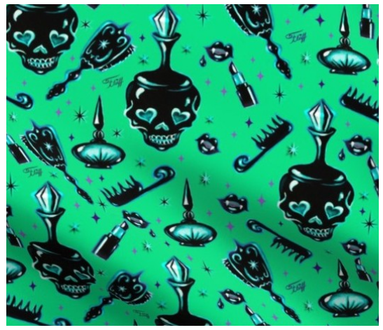 Halloween Fabric by the Yard -Gothic Vanity Pattern Green by Miss Fluff
