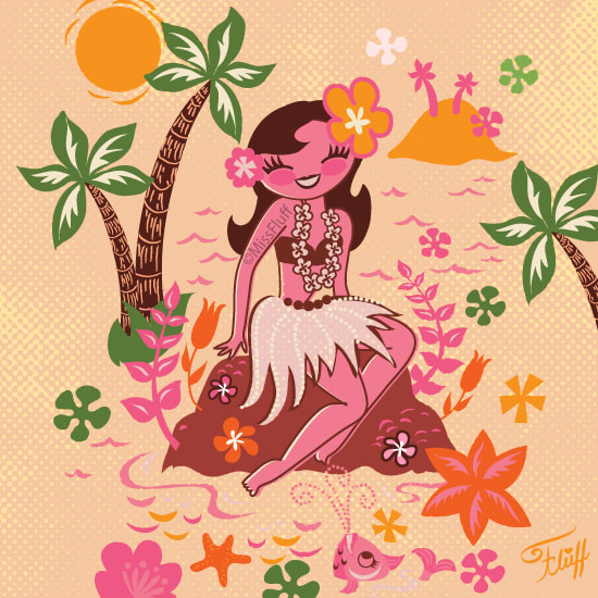 Cute vintage 1950s inspired hula girl art by Miss Fluff