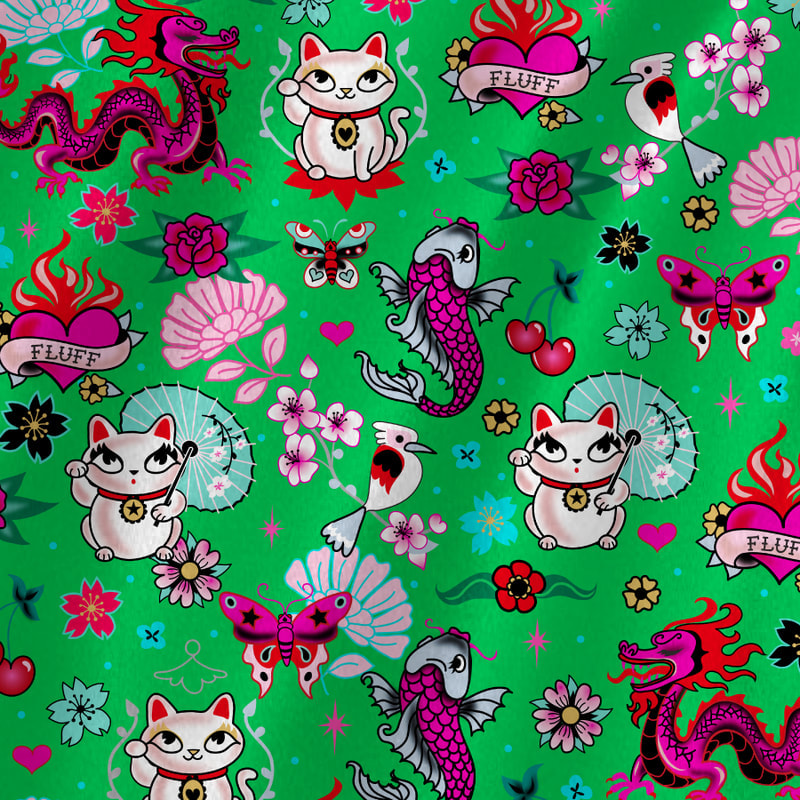 Cute asian inspired fabrics by the yard with Maneki Neko Kitties on green. Art by Miss Fluff.