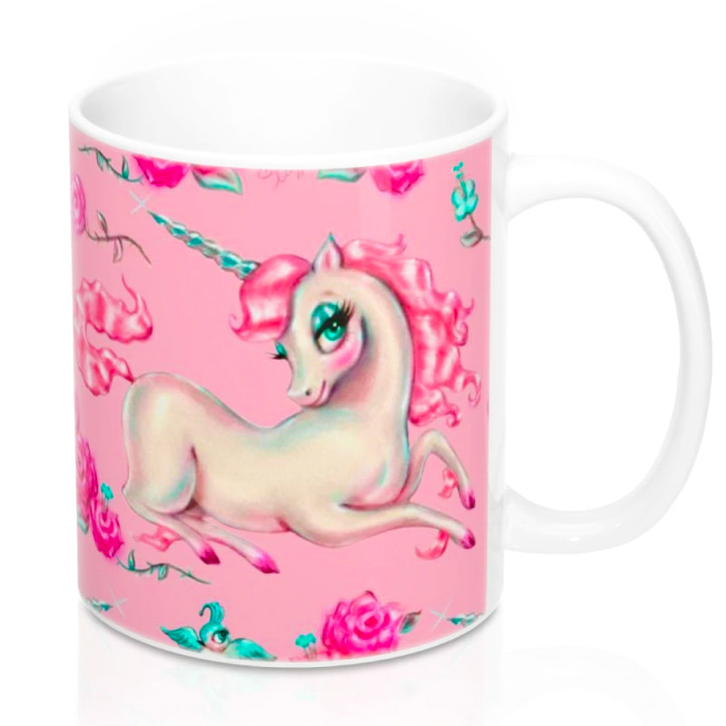 Vintage fairytale pink unicorn cute mug by Miss Fluff.