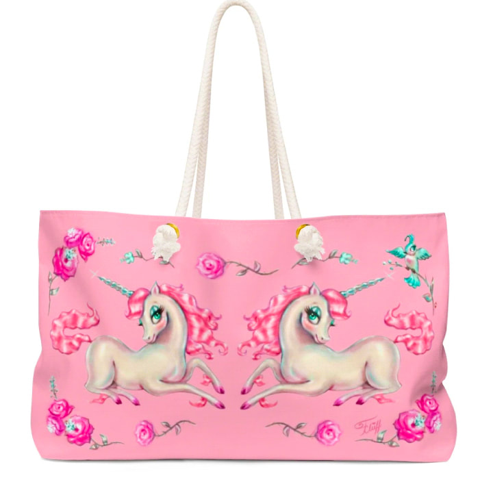 Vintage fairytale pink unicorn tote bag by Miss Fluff.