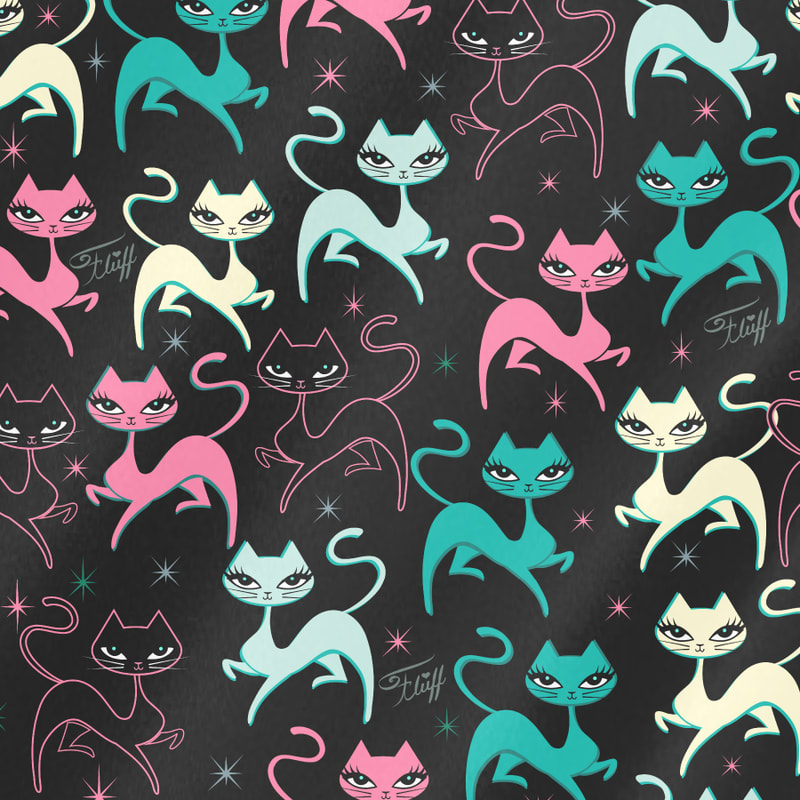 retro mid century modern cats. Vintage inspired Fabric by the Yard by Miss Fluff