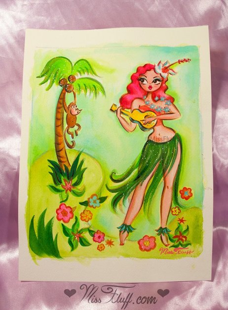 Cute vintage inspired hula girl drawing by Miss Fluff