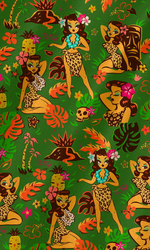 Cute retro vintage inspired hula girls hawaiiana and tiki Fabric by the yard by Miss Fluff. Perfect for your home tiki bar!
