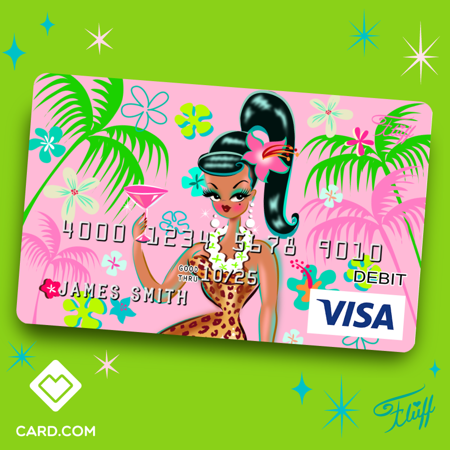 Tropical Pinup Doll Art by Miss Fluff on Debit Cards!