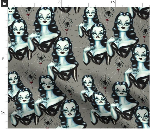 Halloween and goth fabric by the yard  of a vampire vixen inspired by Vampira. Original art by Miss Fluff.
