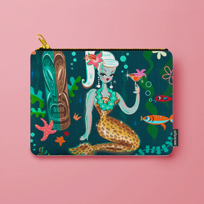 Midcentury modern inspired mermaid with a tiki and a martini. Makeup bag by Miss Fluff.