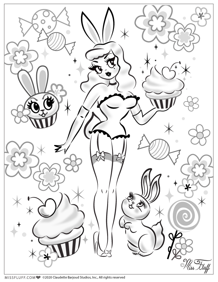 Retro pinup bunny girl Coloring page download by Miss Fluff