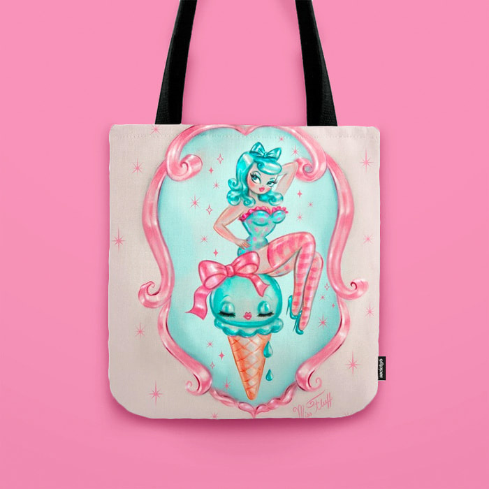 cute Cute tote bag with candy vintage pinup girl art by Miss Fluff