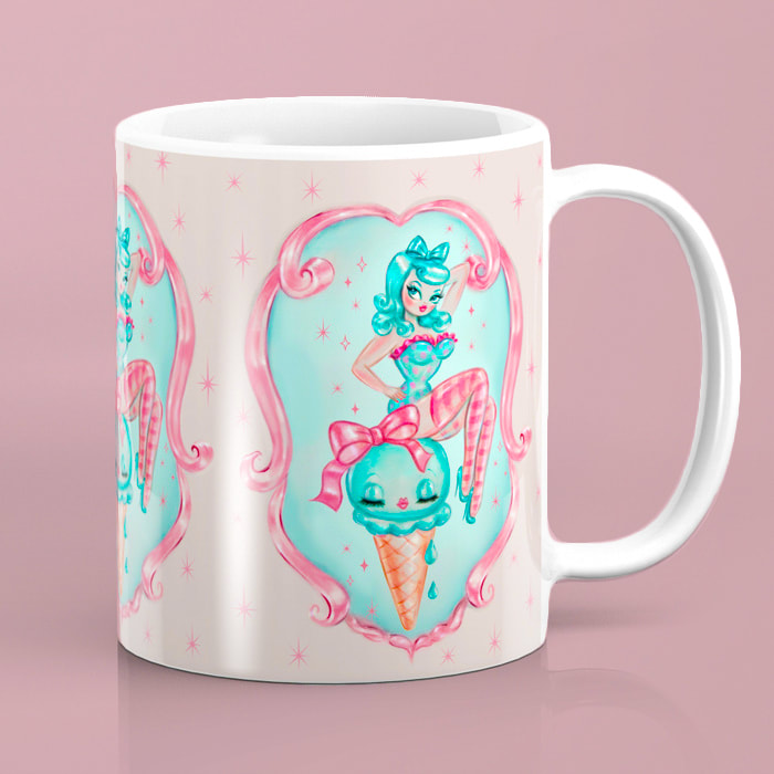 Cute coffee mug with cute candy vintage pinup girl art by Miss Fluff