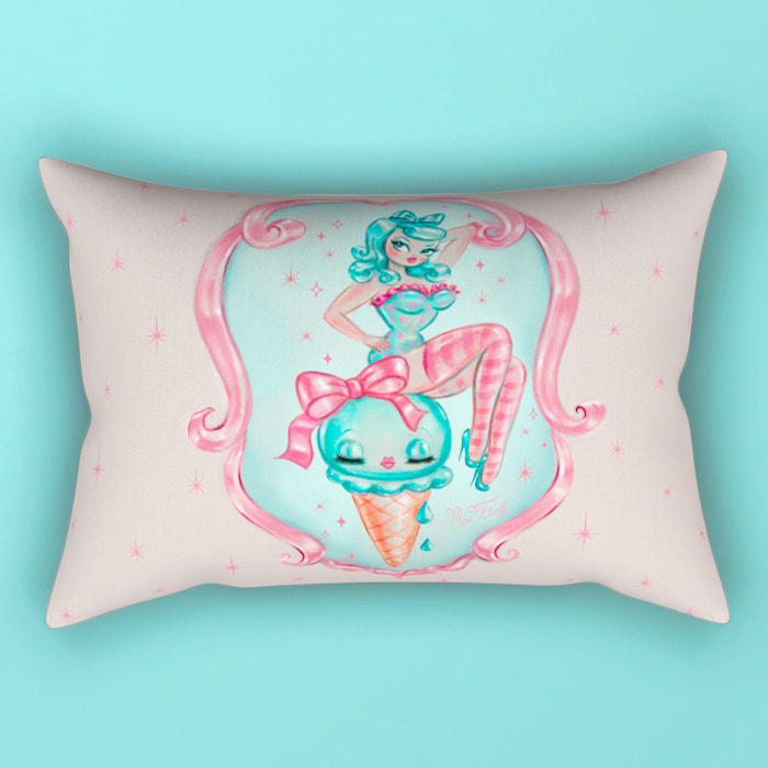 Cute Throw Pillow with cute candy vintage pinup girl art by Miss Fluff