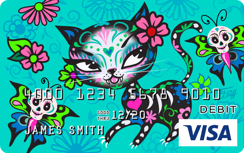 Day of the Dead, Dia de Los Muertos Sugar Skull Cat. Art by Miss Fluff! Available on Visa Debit Cards!