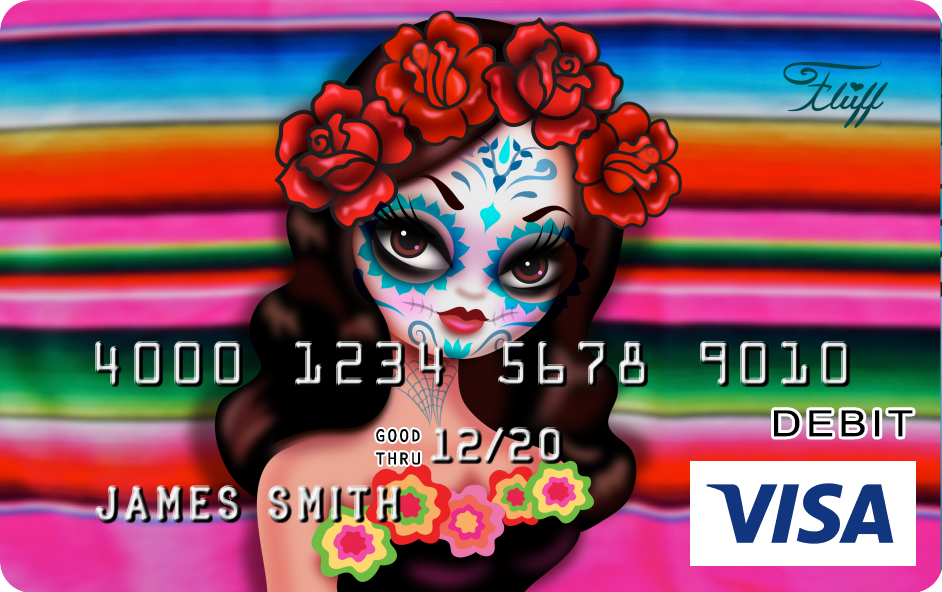 Day of the Dead, Dia de Los Muertos Sugar Skull Art by Miss Fluff! Available on Visa Debit Cards!