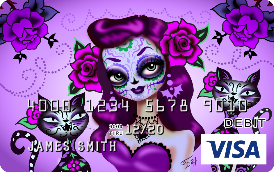 Day of the Dead, Dia de Los Muertos Sugar Skull  Art by Miss Fluff! Available on Visa Debit Cards!