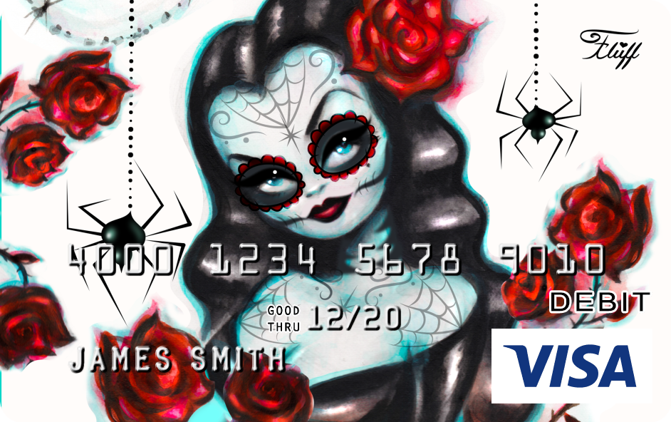 Day of the Dead, Dia de Los Muertos Sugar Skull Art by Miss Fluff! Inspired by retro rockabilly style and pinup art. Available on Visa Debit Cards!