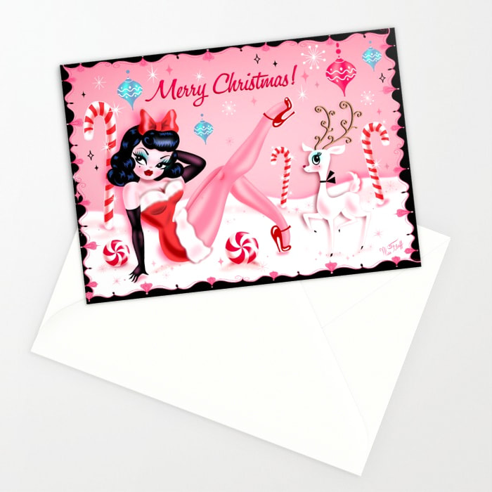 Cute vintage style christmas cards with pinup girl in a santa suit with an adorable reindeer in a Winter Wonderland! Original Art by Claudette Barjoud, a.k.a Miss Fluff. www.missfluff.com 