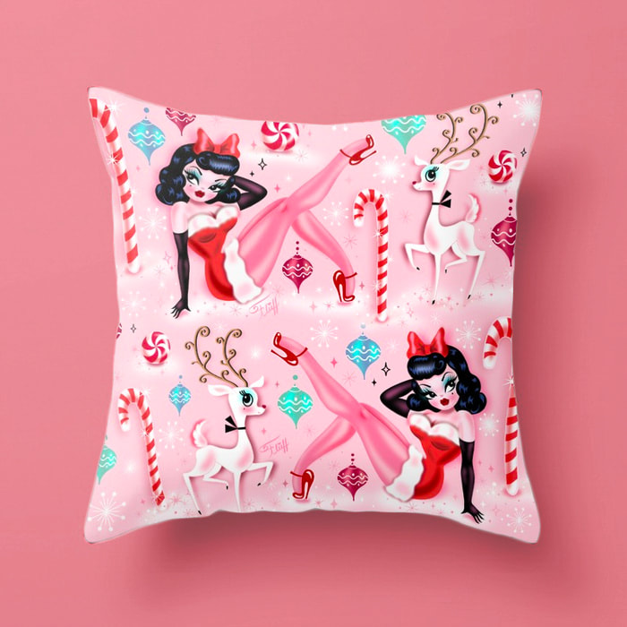 Cute pillow with Cute vintage inspired Christmas pinup girl in a santa suit with an adorable reindeer in a Winter Wonderland!