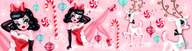 Vintage Christmas winter wonderland with Santa pinup girl and candy canes