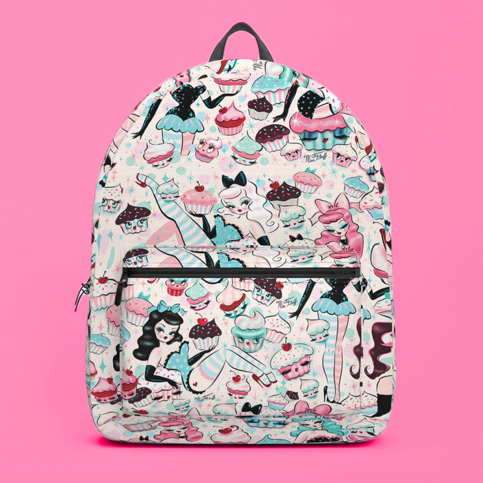 Super cute backpack with vintage inspired pinup girls and cupcakes! Art by Miss Fluff.
