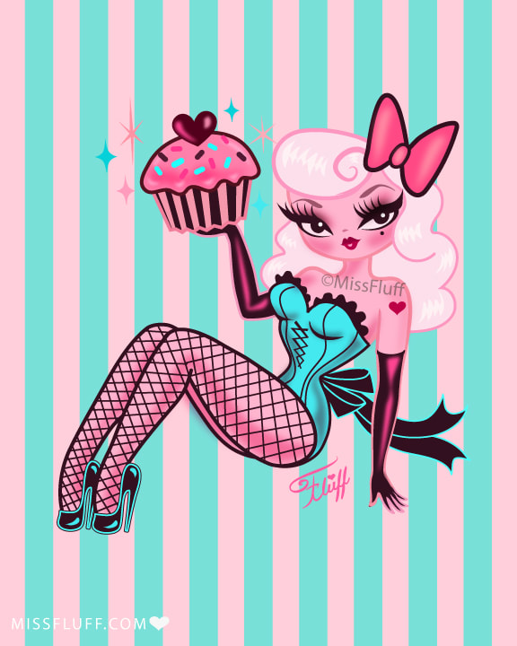 Cute art prints featuring vintage pin up inspired doll holding an oversized cupcake!