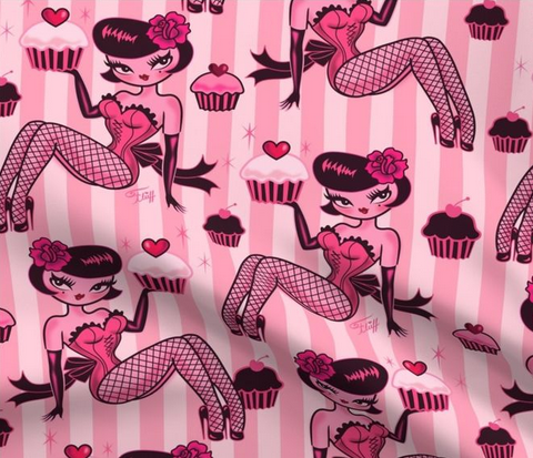 Vintage pinup girl cartoons with cupcakes, cute fabric by the yard by Miss Fluff.