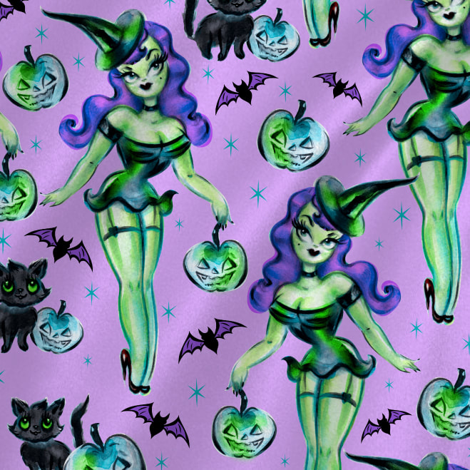 Cute pinup witches! Halloween fabric by the yard.