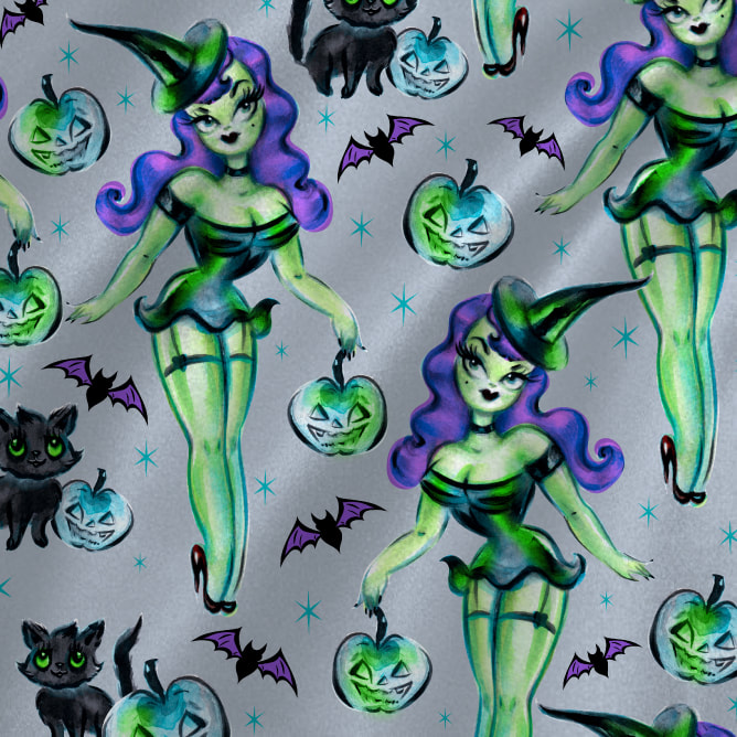 Cute pinup witches! Halloween fabric by the yard.