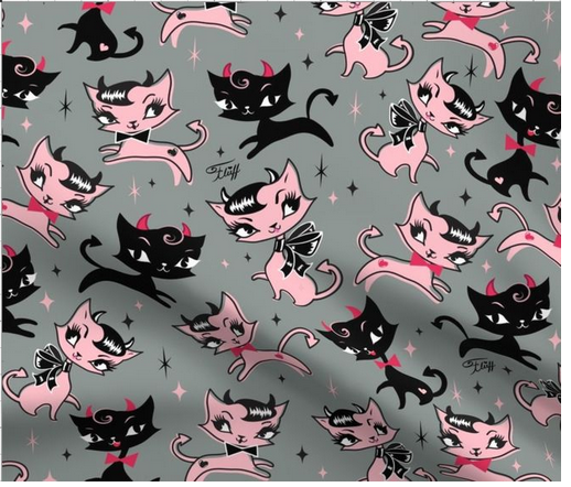 Fabric by the Yard Medium-Devilish Kitties on Grey. Inspired by rockabilly style. Original art by Claudette Barjoud, a.k.a Miss Fluff.