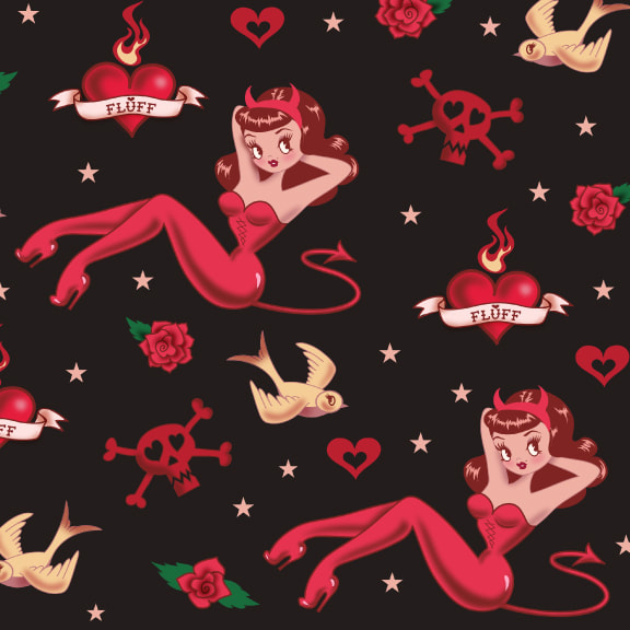 Fabric by the Yard Devilette. Inspired by Rockabilly style and devil tattoo flash of the 1940s and 50s. Original art by Miss Fluff.