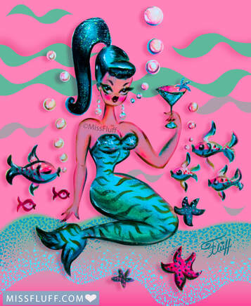 Vintage pinup inspired Mermaid with a martini. Art by Miss Fluff.