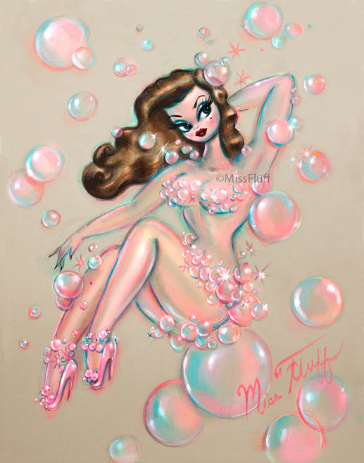 Vintage pinup girl with champagne bubbles by artist Miss Fluff