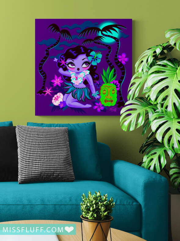 Summerween cute goth hula girl. Art canvas for your vintage inspired decor. Design by Miss Fluff.