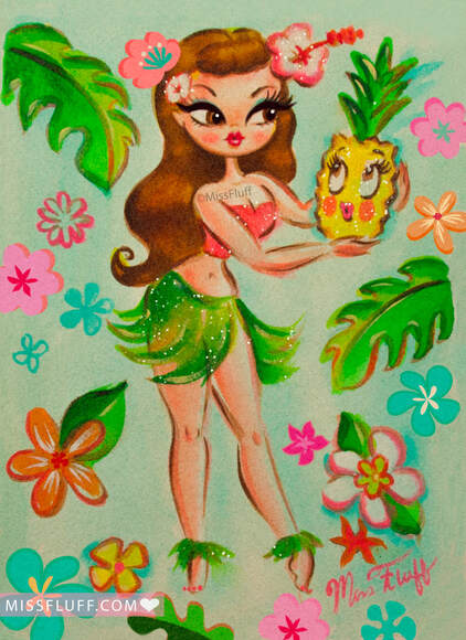 vintage style hula girl with pineapple. Art by Miss Fluff.