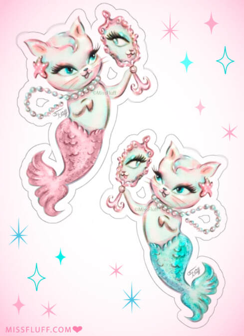 Vintage style cute kitty mermaid stickers by Miss Fluff