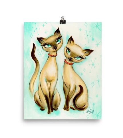 vintage inspired siamese cat figurines art print by Fluff