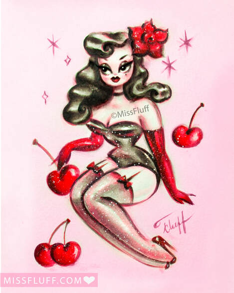 Pinup Girl with Cherries, Art by Miss Fluff.