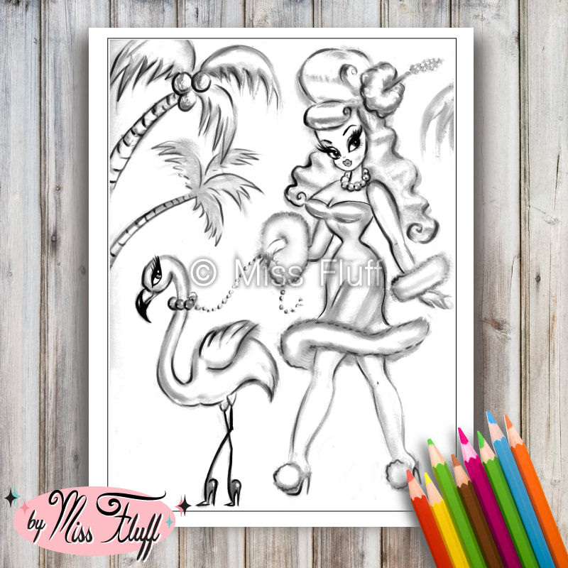 Adult coloring page of Flamingo pinup girl by Miss Fluff