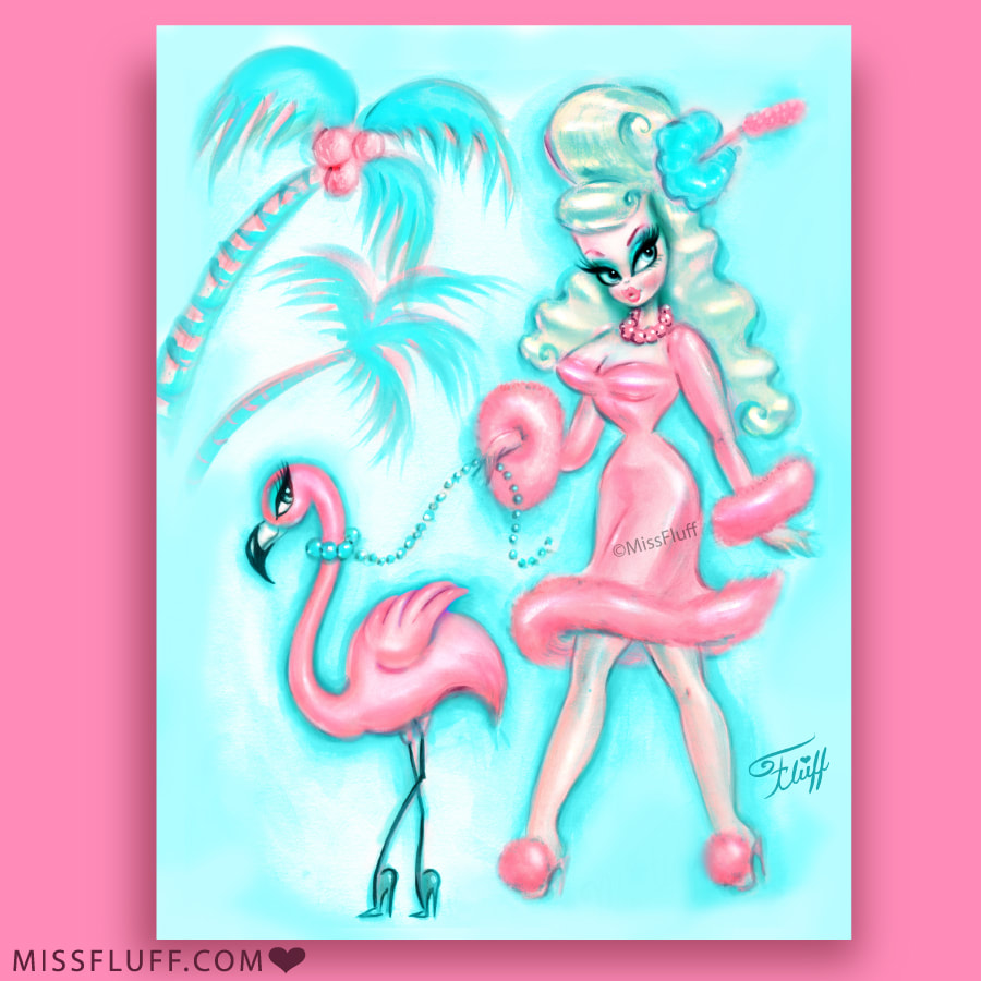 Retro Pinup Doll Walking a Flamingo , Art Prints by Miss Fluff