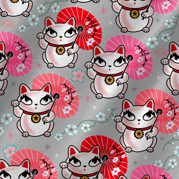 Cute Maneki Neko Lucky cats Fabric by the Yard by Miss Fluff! 