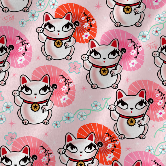 Cute Maneki Neko Lucky cats Fabric by the Yard by Miss Fluff! 