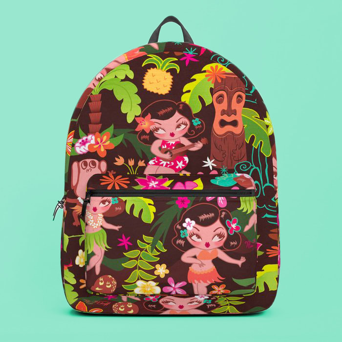 Cute backpack with hula girls and tikis in a tropical Hawaii scene. Art by Miss Fluff.
