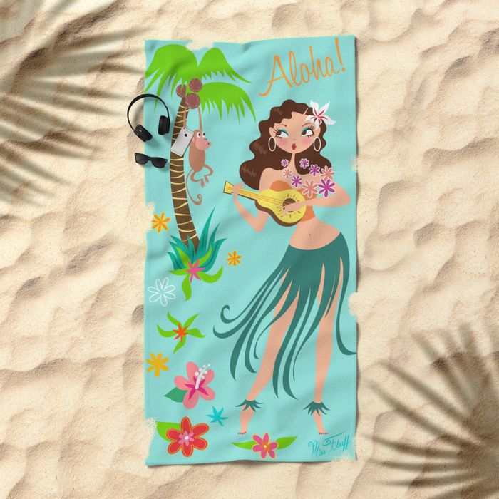 Cute Beach Towel of a Vintage inspired Hula girl playing a ukulele