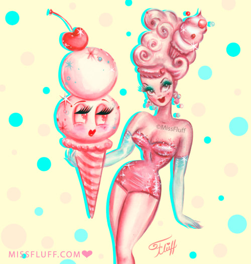 Ice cream pinup doll, vintage inspired art by Miss Fluff